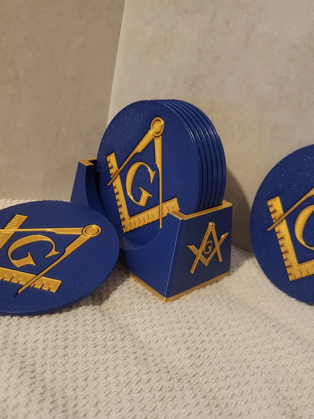 Blue and Gold Freemason Coaster Set by
